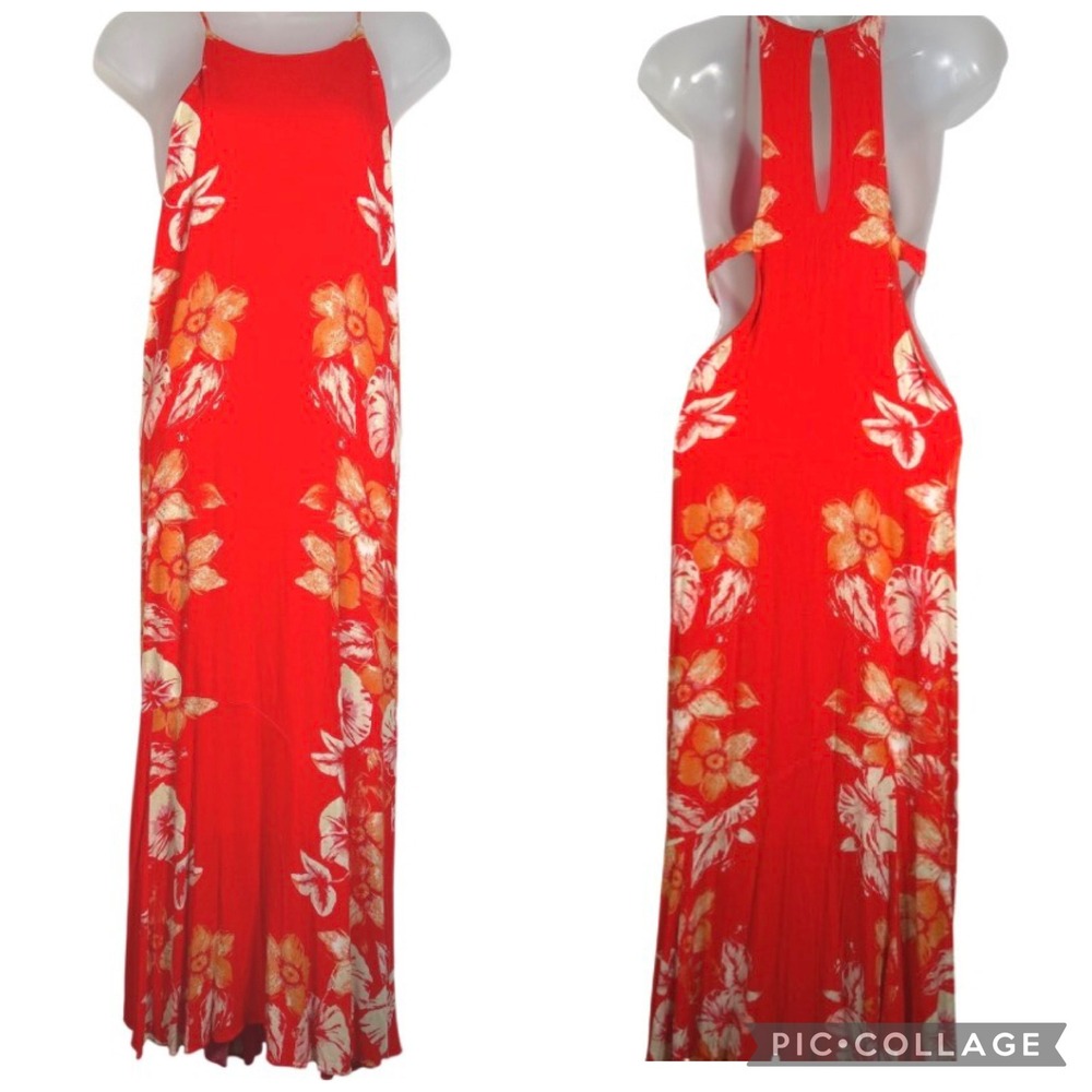 Free People Red Floral Hibiscus Halter Open Back Maxi Dress Festival Boho Small